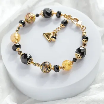 Náramek Lampglas Náramek Noir Luxe s 24karátovým zlatem v perlách Lampglas