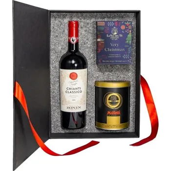Dárková kazeta víno Chianti , káva Gold Cuvéé , čaj Bíle Vánoce ( White Christmas ) Modrá