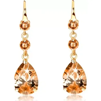 Náušnice Náušnice ve 14K zlatě - dva kulaté zirkony a broušená kapka oranžové barvy