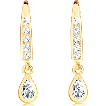 Náušnice Náušnice ve žlutém 14K zlatě - háček vykládaný zirkony, slzička s čirým středem