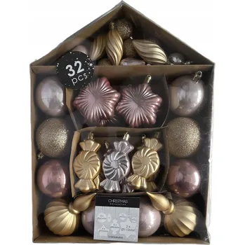 Vánoční ozdoba Sada vánočních ozdob 32 ks vánoční koule na stromeček zlaté růžové mix tvarů