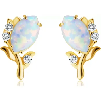 Náušnice Zlaté 14K náušnice - květ s bílým syntetickým opálem, drobné kulaté zirkony, puzetky