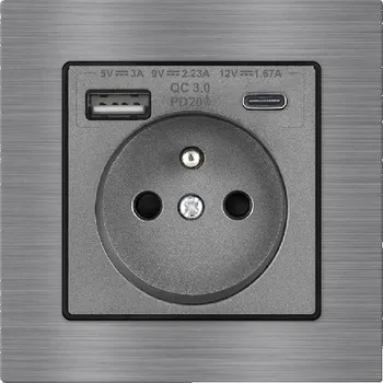 Elektrická zásuvka UNIC Elektrická zásuvka 230V+USB+USB C 5V Rychlé nabíjení, v rámečku 82mm, slitina hliníku šedá
