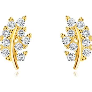 Náušnice Puzetové 14K náušnice - lístek vykládaný třpytivými kulatými čirými zirkony