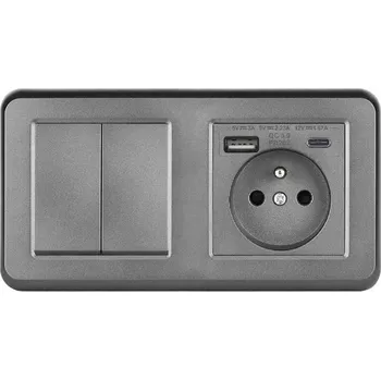 Elektrická zásuvka UNIC Elektrická zásuvka (230V+USB+USBc 5V Rychlé nabíjení) + dvojvypínač lustrový sériový č.5 v rámečku 153mm, plast šedý
