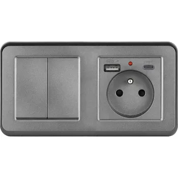 Elektrická zásuvka UNIC Elektrická zásuvka (230V+USB+USBc 5V) + dvojvypínač lustrový sériový č.5 v rámečku 153mm, plast šedý