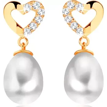 Náušnice Náušnice ze žlutého 14K zlata - kontura srdce se zirkonovou polovinou, oválná perla