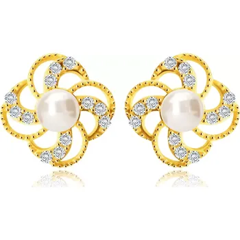 Náušnice Náušnice ze 14K zlata - kvítek s obrysy okvětních lístků, zirkony, perla