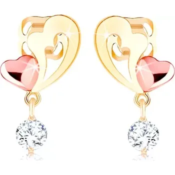 Náušnice Náušnice ze 14K zlata - kontura srdce a malé vypouklé srdíčko, čirý zirkon