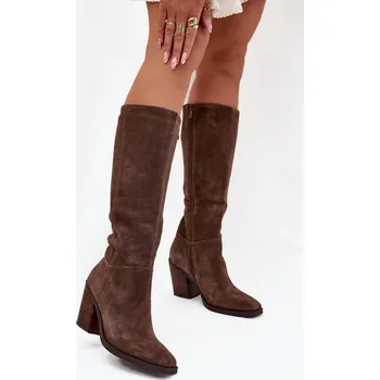 Dámské kozačky Boto Semišové Kozačky Na Podpatku Se Zipem Lissara Barva: Béžová, Velikost: 38