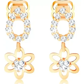 Náušnice Náušnice ve žlutém 14K zlatě, třpytivý obrys kapky, kvítek se zirkonem