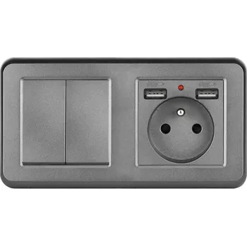 Elektrická zásuvka UNIC Elektrická zásuvka (230V+2xUSB 5V/2,1A) + dvojvypínač lustrový sériový č.5 v rámečku 153mm, plast šedý