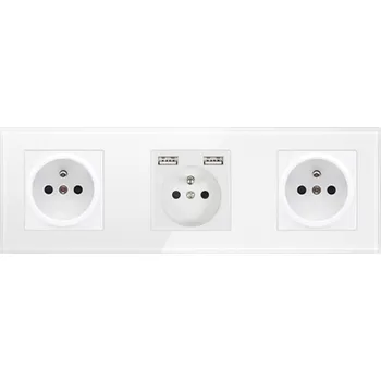 Elektrická zásuvka SRAN Elektrická skleněná trojzásuvka 230V + 230V 2*USB 5V/2,1A s vypínačem rámečku 258mm, sklo bílý