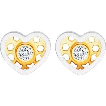 Náušnice Náušnice v kombinovaném 14K zlatě - symetrické srdíčko, kulatý čirý zirkon