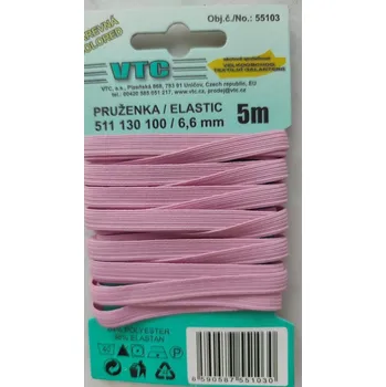 Textilní guma Pruženka líčková 6,6 mm barevná - karta 5 m - 1402 světle růžová