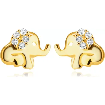 Náušnice Náušnice ve žlutém 14K zlatě - sedící slon s chobotem, ucho ozdobené kulatými zirkony