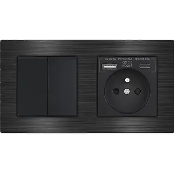 Elektrická zásuvka UNIC Elektrická zásuvka (230V+USB+USBc 5V Rychlé nabíjení) + vypínač jednopólový č.1 v rámečku 153mm, slitina hliníku černý