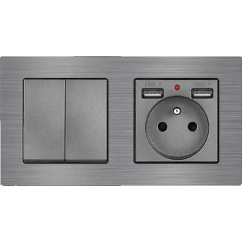 Elektrická zásuvka UNIC Elektrická zásuvka (230V+2xUSB 5V/2,1A) + dvojvypínač lustrový sériový č.5 v rámečku 153mm, slitina hliníku šedý