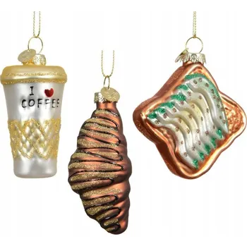 Vánoční dekorace Vánoční Baňky, skleněné přívěsky, tvarovky, káva, toast, croissant, 8 cm, 3 ks