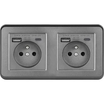 Elektrická zásuvka UNIC Elektrická zásuvka 2x (230V+USB+USB C 5V/2,1A) rychlé nabíjení, plast šedá v rámečku 153mm