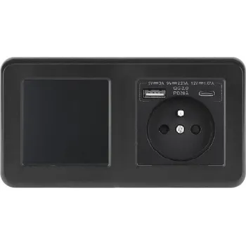 Elektrická zásuvka UNIC Elektrická zásuvka (230V+USB+USBc 5V Rychlé nabíjení) + vypínač jednopólový č.1 v rámečku 153mm, plast černý