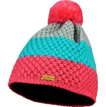 Čepice Bontis Dětská trojbarevná pletená zimní čepice s bambulí - Růžová / tyrkysová / šedá | uni dětská