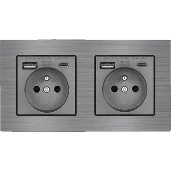 Elektrická zásuvka UNIC Elektrická zásuvka 2x (230V+USB+USB C 5V/2,1A) rychlé nabíjení, v rámečku 153mm, slitina hliníku šedá