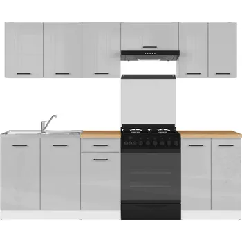 Kuchyňská linka Kuchyňská linka Junona Line 240 cm s pracovní deskou - Black Red White - BRW Bílá - světle šedý lesk 240x cm