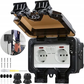 Elektrická zásuvka Dvojitá vodotěsná zásuvka šedá IP66 s uzemněním