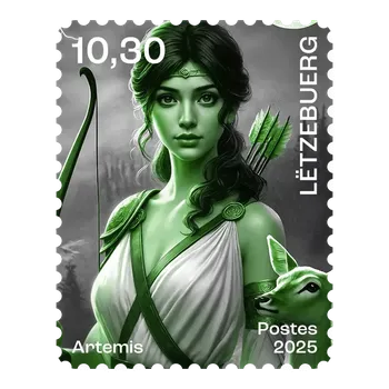 Poštovní známka Rakousko (2025) MiNr. (Bl. ) ** zelená - Lucembursko - Krypto známka - Mytologie "Artemis"