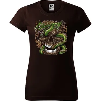 Dámské tričko levne-damske-bavlnene-tricko-potisk-drak-lebka Velikost dámská trička Basic: M šířka 47, délka 63, Odstín dámské tričko Basic: Čokoládové