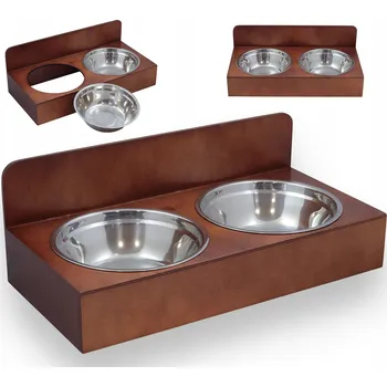 Miska pro psa MISKA PRO PSA SE STOJANEM NA MISKY DVOJITÁ DŘEVĚNÁ PODSTAVA HNĚDÁ