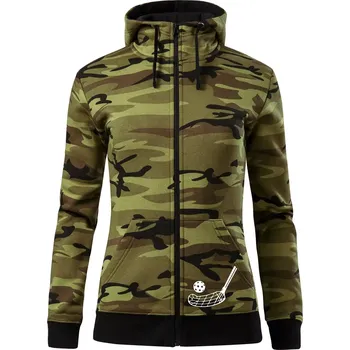 Dámská mikina Floorball nápis šikmo - Dámská mikina trendy zipper s kapucí - XL ( Zelený maskáč )