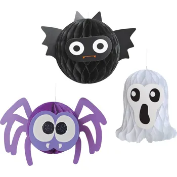 Karnevalový doplněk Junior Papírová halloweenská dekorace - duch, pavouk a netopýr (3ks), papír, závěsná