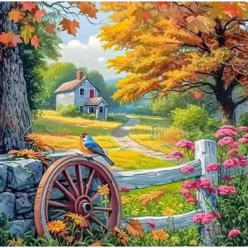 Diamantové malování Diamantové malování/Homfun - Usedlost na venkově + perleťové kamínky (40x40)