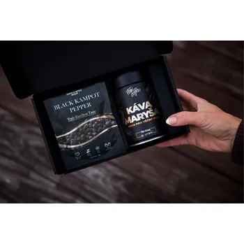Káva AromaSet: Černý Kampotský Pepř & káva Maryša zrnková káva + pytlík s kořením / plechová dóza / 150g + 30g