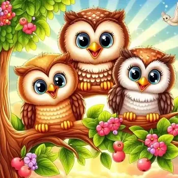 Diamantové malování Diamantové malování/Homfun - Soví rodinka na větvi + perleťové kamínky (30x30)