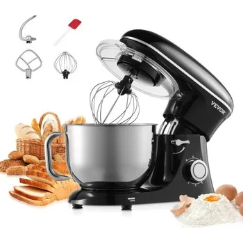 Stolní mixér VEVOR, hnětač těsta 6 QT, 1400 W, 6 rychlostí + P, kuchyňský mixér s naklápěcí hlavou, mísou z nerezové oceli, hnětacím hákem, šlehačem, plochým šlehačem, škrabkou, domácí stojan na pečení, míchání, černý