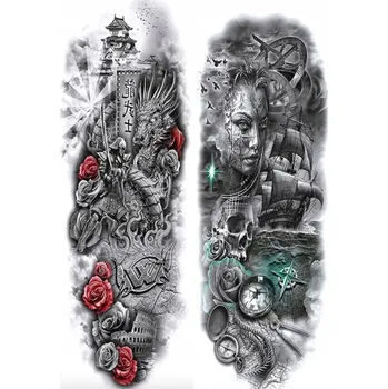 Tetování Sada 2 dočasných tetování na rukávu s růží, drakem, kompasem loď námořníkem, lebka