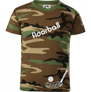 Floorball nápis šikmo - Dětské maskáčové triko - 104-110cm / 3-4 roky ( Hnědý maskáč )