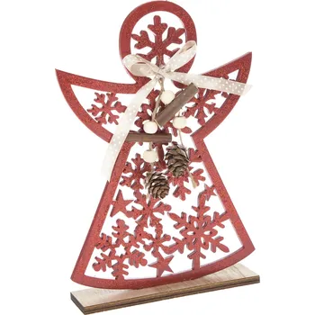Vánoční dekorace Dřevěný anděl s vločkami, 15,5 x 22,5 cm, červená