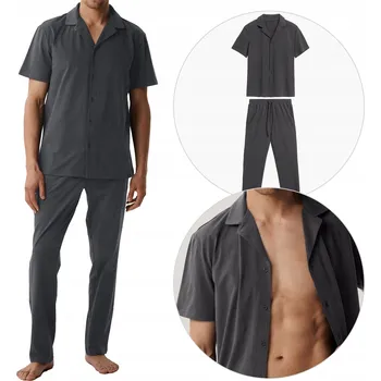 Pánské pyžamo ATLANTIC pánské pyžamo krátký rukáv dlouhé kalhoty rozepínací BNMP šedé XXL