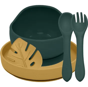 dětská jídelní sada PETITE&MARS Set jídelní silikonový TAKE&MATCH 4 ks Misty Green - Intense Ochre 6m+