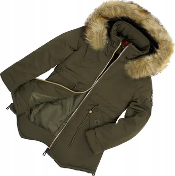 Dívčí bunda Parka bunda khaki zelená teplá kožešina s páskem v pase velikost 146