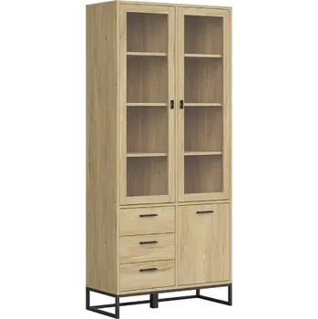 Komoda Vysoká tří-dveřová vitrína se zásuvkami do obývacího pokoje a jídelny Ramla - Black Red White - BRW Horský Jasan 90x200 cm