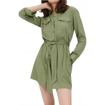 Dámské šaty ZELENÉ KOŠILOVÉ ŠATY MINI S PÁSKEM DLOUHÝ RUKÁV KNOFLÍKY HLADKÉ S