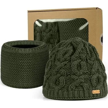 Čepice Bontis Dárkové balení: Dámská čepice s vypleteným vzorem a nákrčník - Olivová