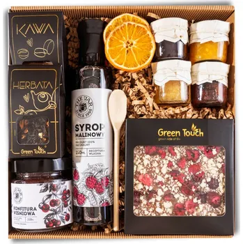 Dárkový potravinový koš Dárkový koš Green Touch s čajem, kávou, sirupem a čokoládou
