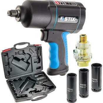 Pneumatický rázový utahovák 1700 Nm se sadou nástrčných klíčů CR-MO 17, 19, 21 mm, kufříkem a přimazávačem