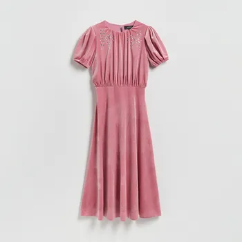 Dámské šaty Reserved - Velurové midi šaty - pudrově růžová - 207IT-39X - 207IT-39X-M